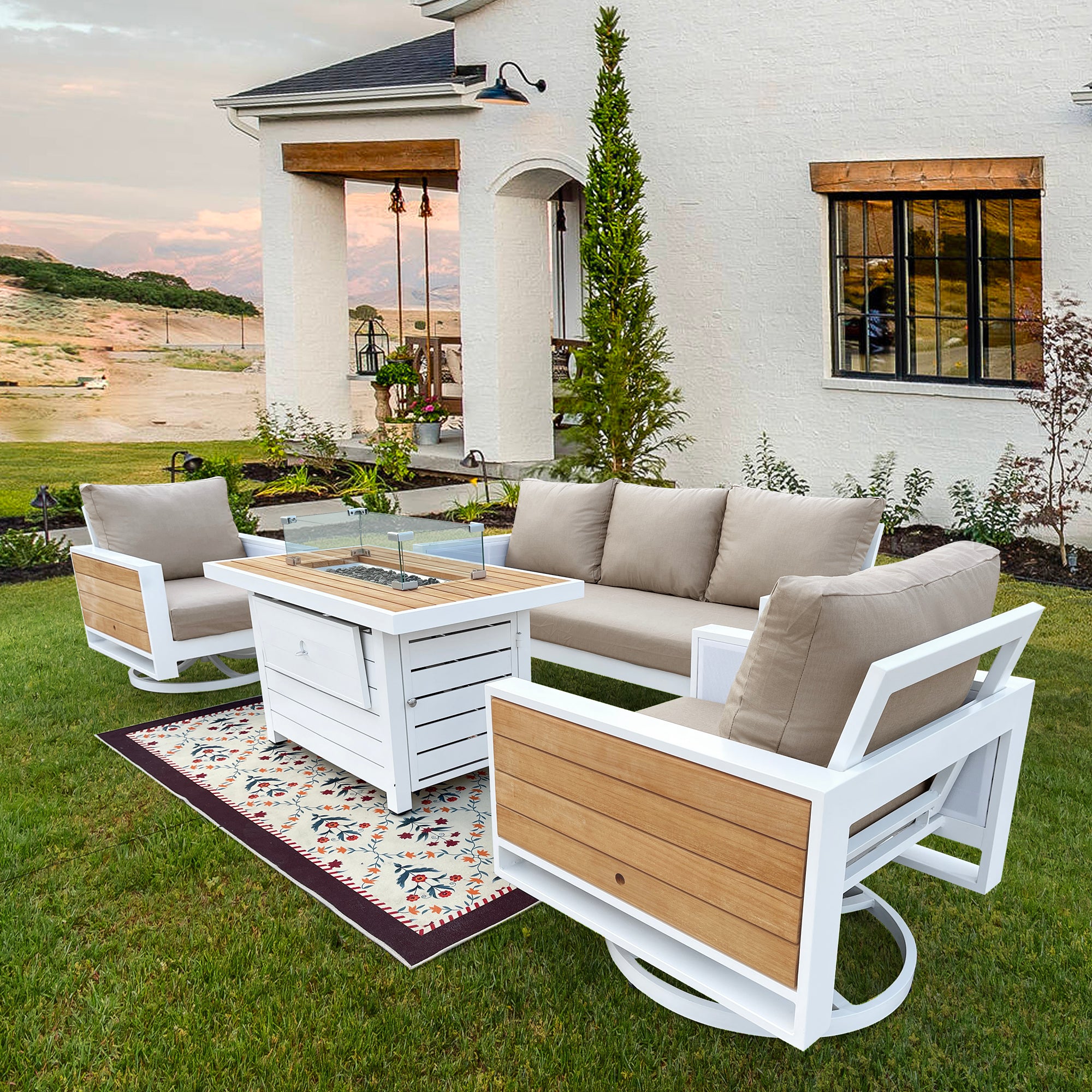 Denver 4-Piece Aluminum Outdoor Patio Fire Pit Seating Set with Acrylic Cast Ash Cushions Denver 4-Piece Aluminum Outdoor Patio Fire Pit Seating Set with Acrylic Cast Ash Cushions