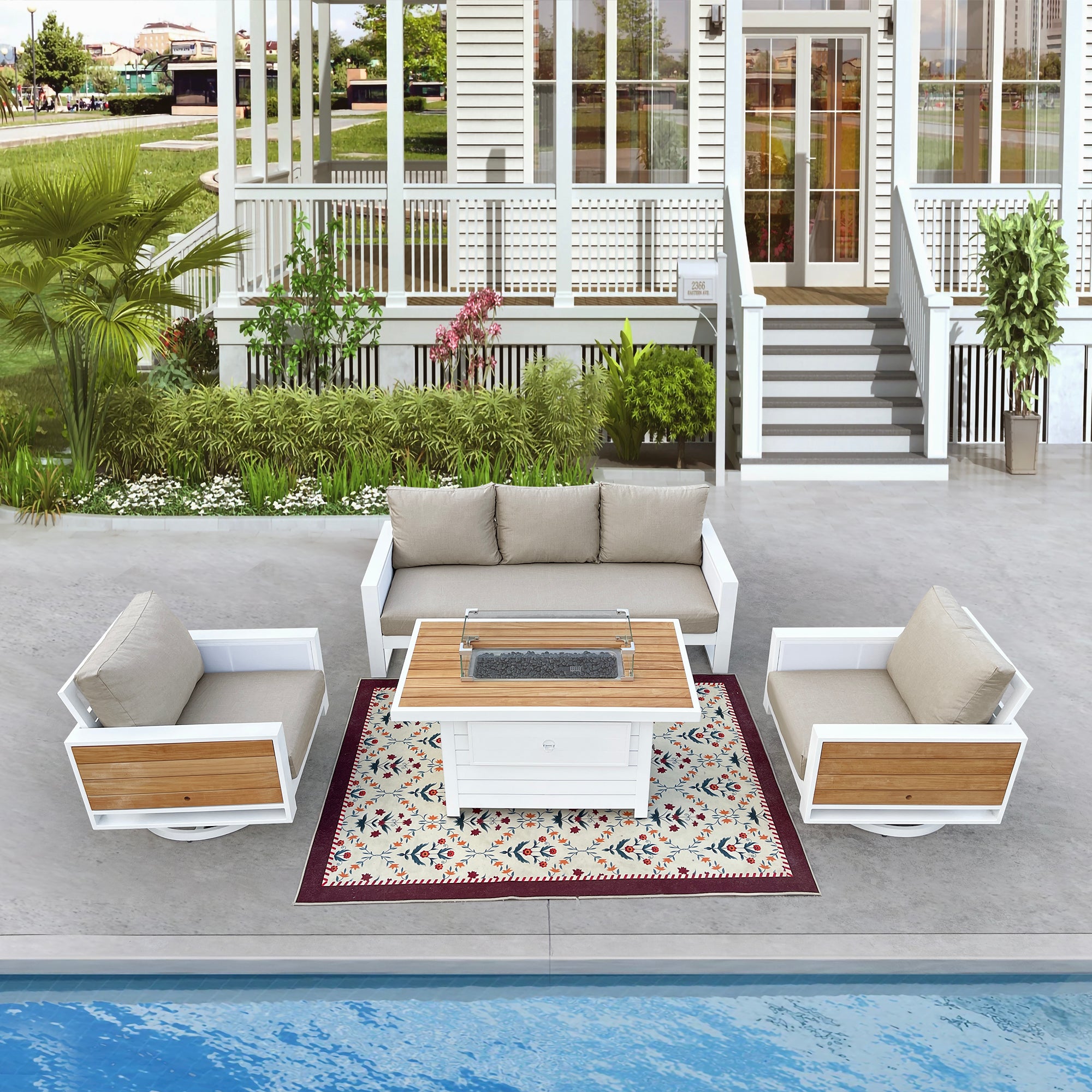 Denver 4-Piece Aluminum Outdoor Patio Fire Pit Seating Set with Acrylic Cast Ash Cushions Denver 4-Piece Aluminum Outdoor Patio Fire Pit Seating Set with Acrylic Cast Ash Cushions