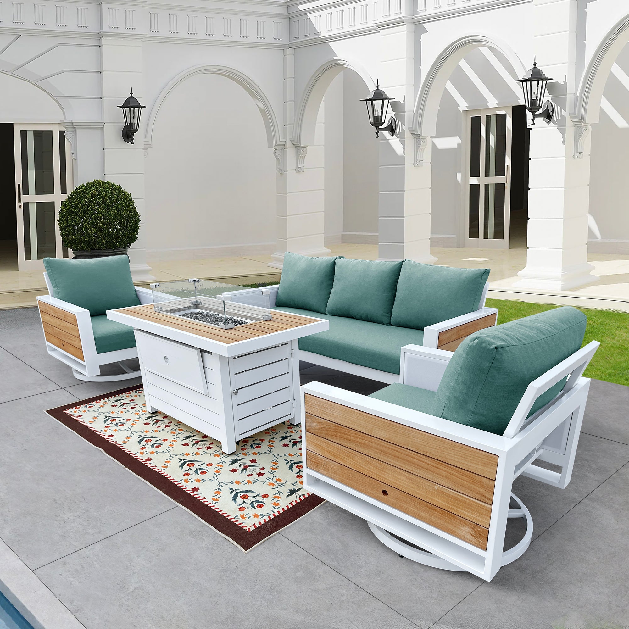 Denver 4-Piece Aluminum Outdoor Patio Fire Pit Seating Set with Acrylic Cast Breeze Cushions Denver 4-Piece Aluminum Outdoor Patio Fire Pit Seating Set with Acrylic Cast Breeze Cushions