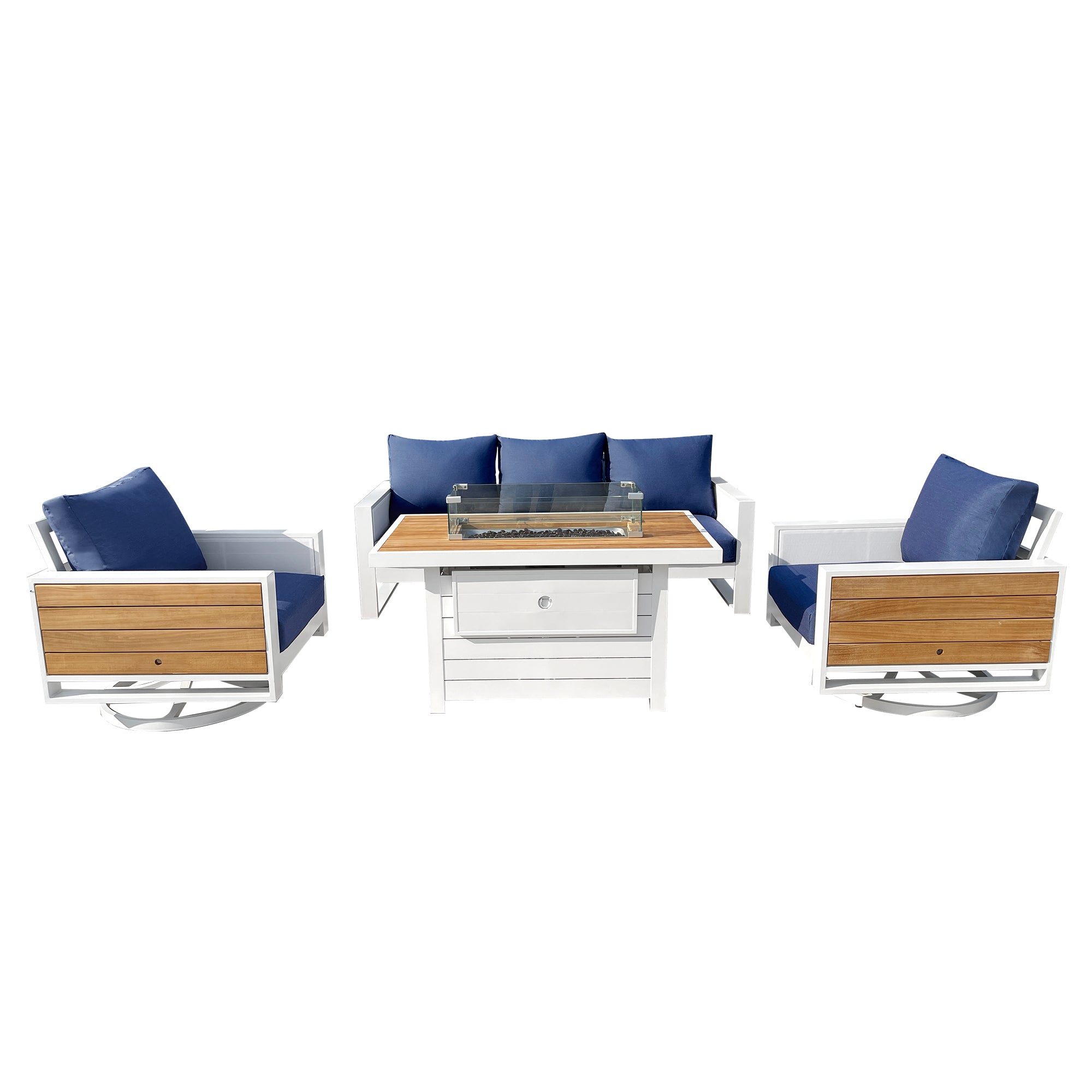 Denver 4-Piece Aluminum Outdoor Patio Fire Pit Seating Set with Acrylic Spectrum Indigo Cushions Denver 4-Piece Aluminum Outdoor Patio Fire Pit Seating Set with Acrylic Spectrum Indigo Cushions
