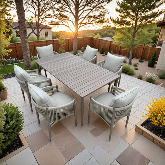 Bali 7-Piece Brown Wood-look Aluminum Outdoor Dining Table Set with Cast Natural Cushions