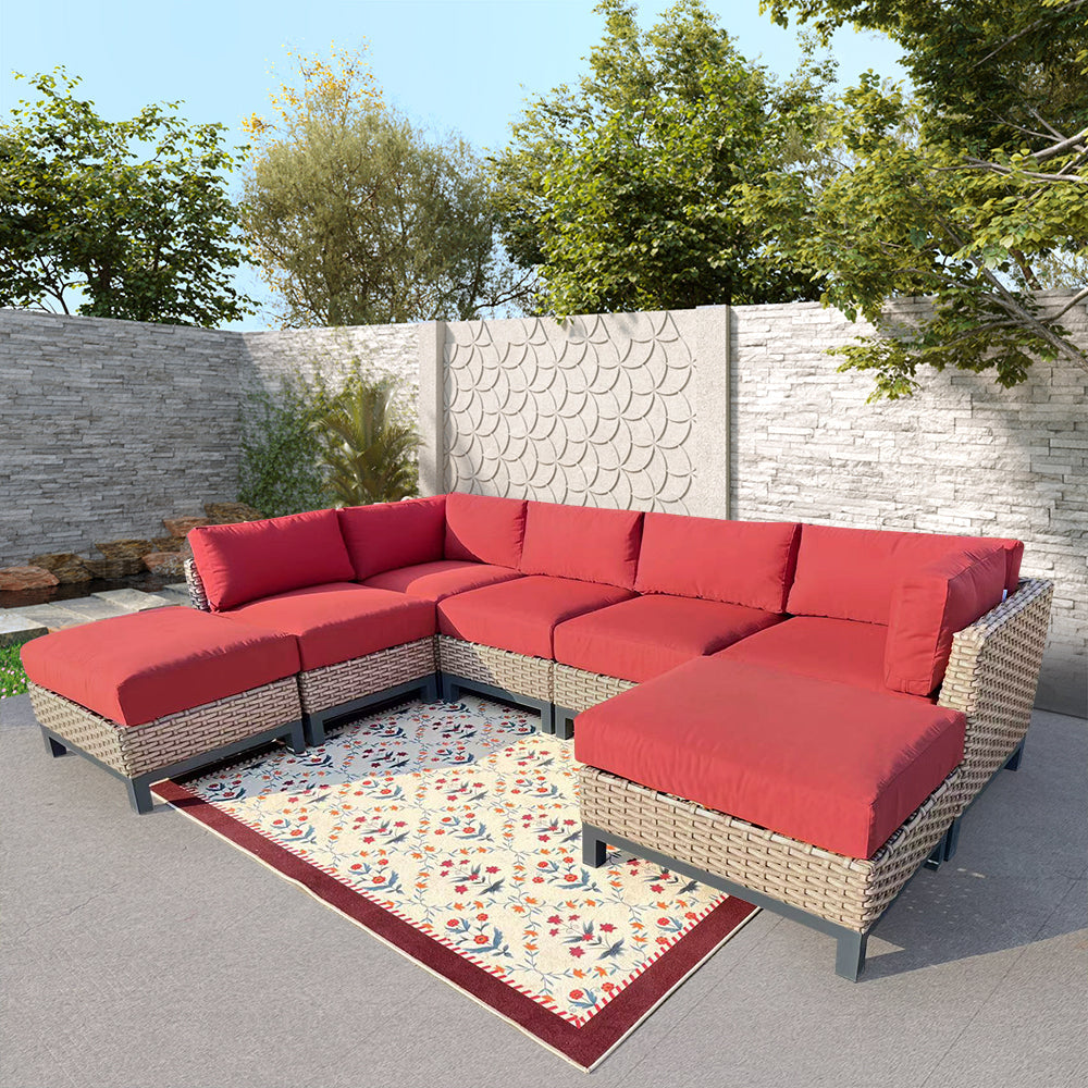 Delta 7-Piece Resin Wicker Outdoor Sectional With Sunbrella Canvas Terracotta Cushions Delta 7-Piece Resin Wicker Outdoor Sectional With Sunbrella Canvas Terracotta Cushions