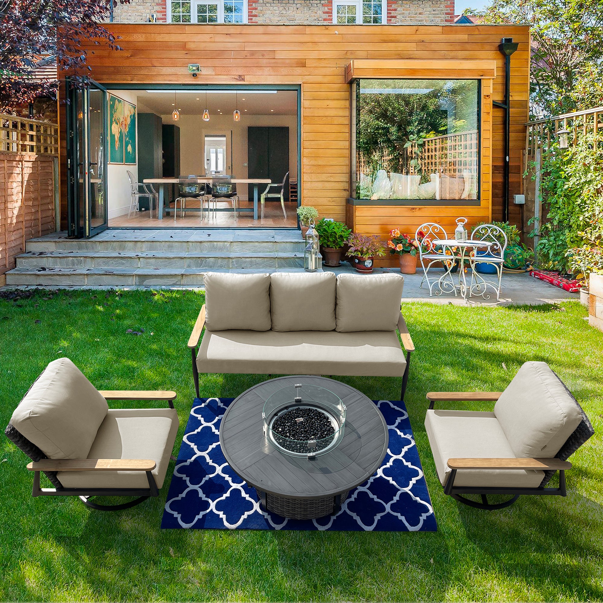 Manbo 4-Piece Wicker Patio Fire Pit Seating Set with Acrylic Cast Breeze Cushions and Round Fire Pit Table Manbo 4-Piece Wicker Patio Fire Pit Seating Set with Acrylic Cast Breeze Cushions and Round Fire Pit Table