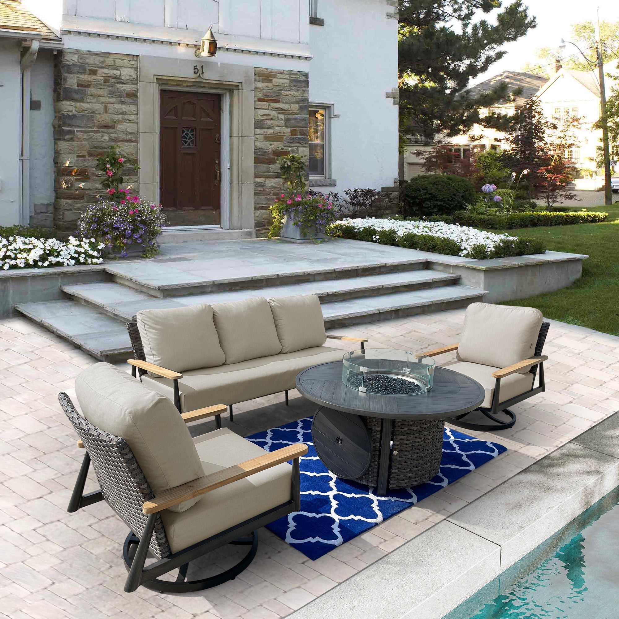 Manbo 4-Piece Wicker Patio Fire Pit Seating Set with Acrylic Cast Breeze Cushions and Round Fire Pit Table Manbo 4-Piece Wicker Patio Fire Pit Seating Set with Acrylic Cast Breeze Cushions and Round Fire Pit Table
