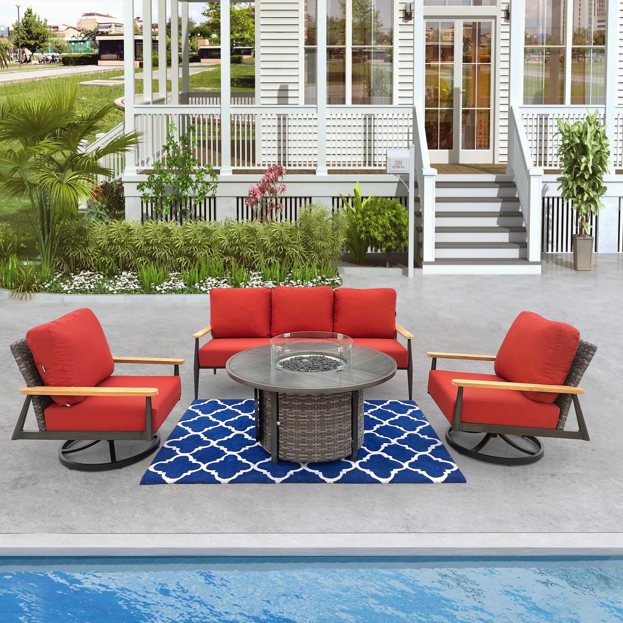 Manbo 4-Piece Wicker Patio Fire Pit Seating Set with Sunbrella Canvas Terroacotta Cushions and Round Fire Pit Table Manbo 4-Piece Wicker Patio Fire Pit Seating Set with Sunbrella Canvas Terroacotta Cushions and Round Fire Pit Table