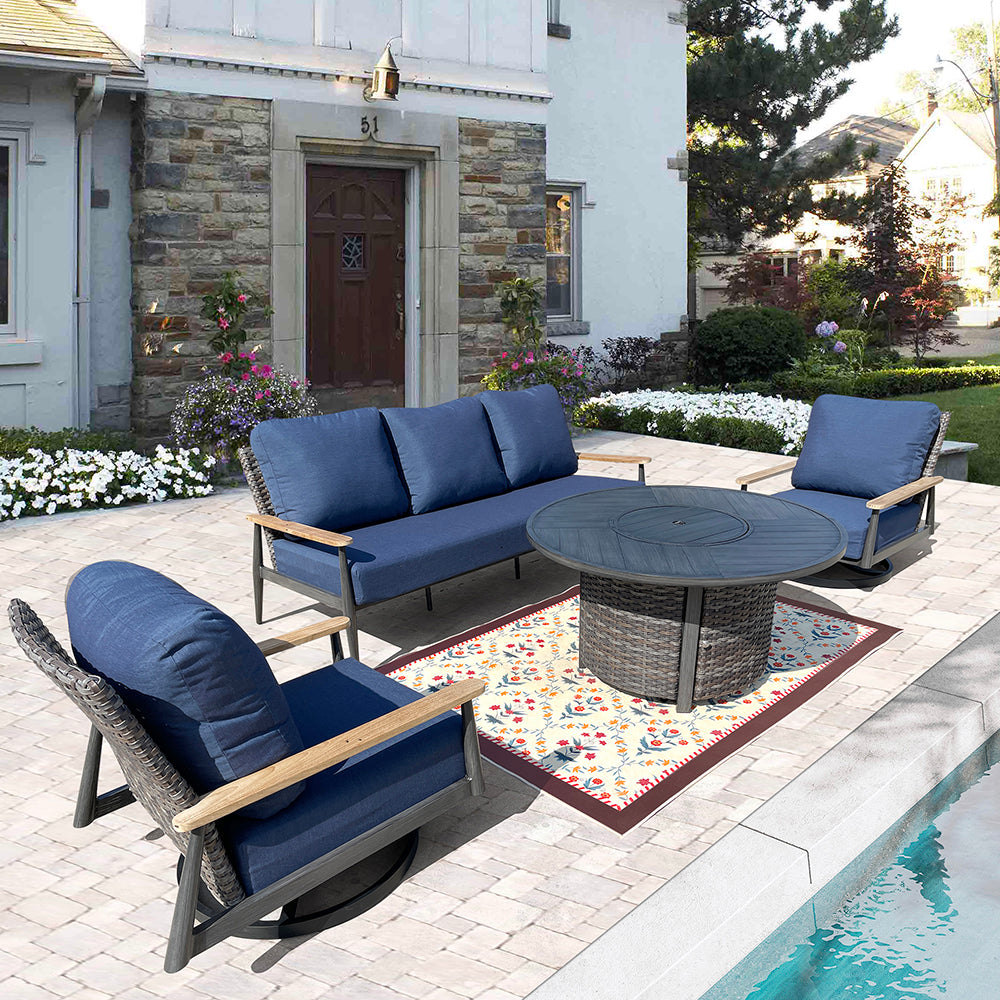 Manbo 4-Piece Wicker Patio Fire Pit Seating Set with Sunbrella Canvas Terroacotta Cushions and Round Fire Pit Table Manbo 4-Piece Wicker Patio Fire Pit Seating Set with Sunbrella Canvas Terroacotta Cushions and Round Fire Pit Table