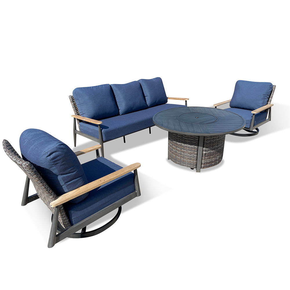 Manbo 4-Piece Wicker Patio Fire Pit Seating Set with Acrylic Spectrum Indigo Cushions and Round Fire Pit Table Manbo 4-Piece Wicker Patio Fire Pit Seating Set with Acrylic Spectrum Indigo Cushions and Round Fire Pit Table
