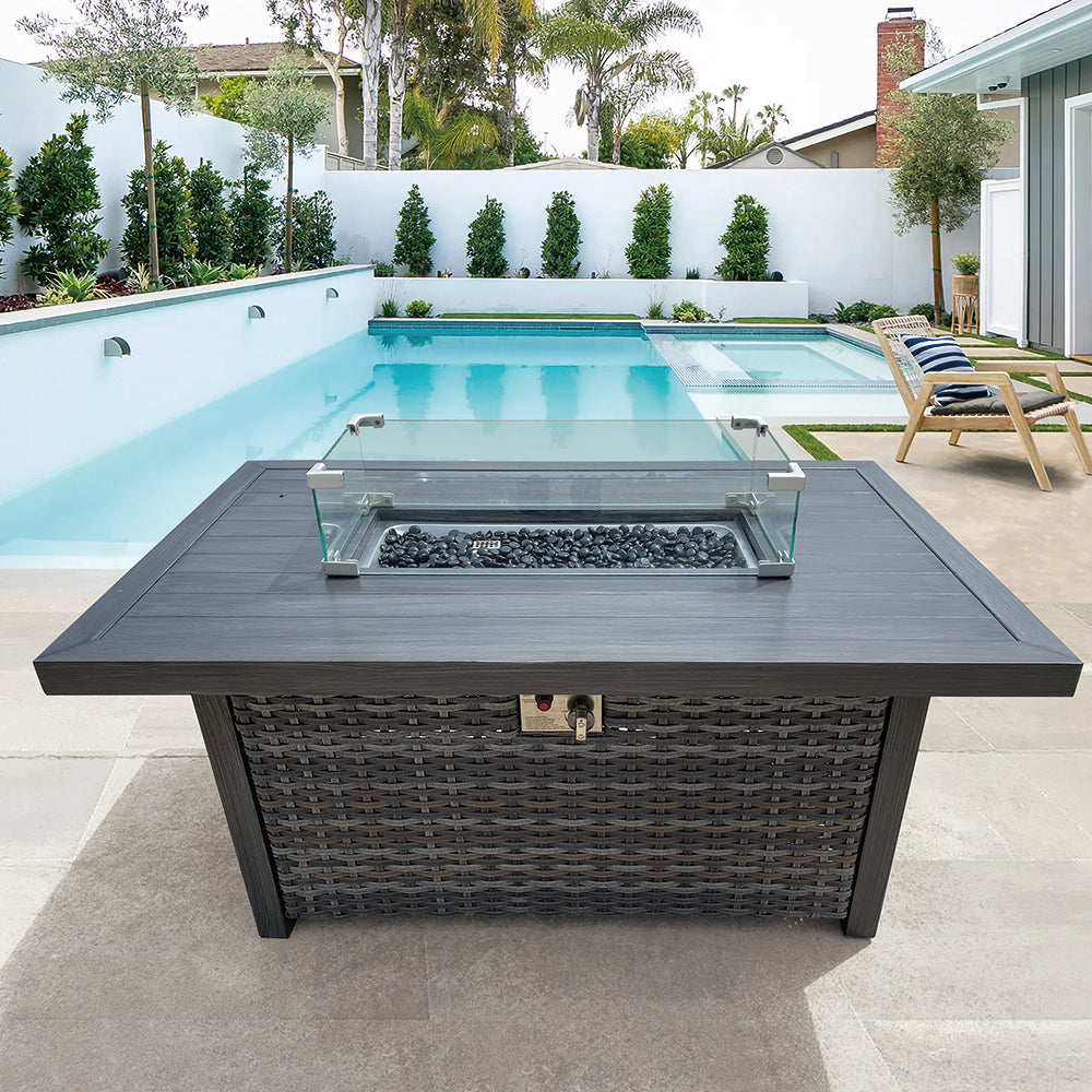 Manbo 4-Piece Wicker Patio Fire Pit Seating Set with Acrylic Cast Ash Cushions and Rectangular Fire Pit Table Manbo 4-Piece Wicker Patio Fire Pit Seating Set with Acrylic Cast Ash Cushions and Rectangular Fire Pit Table
