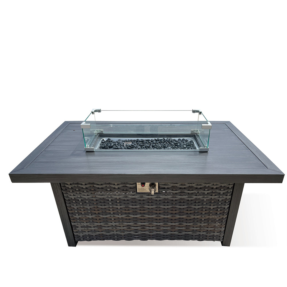 Manbo 4-Piece Wicker Patio Fire Pit Seating Set with Acrylic Spectrum Indigo Cushions and Rectangular Fire Pit Table Manbo 4-Piece Wicker Patio Fire Pit Seating Set with Acrylic Spectrum Indigo Cushions and Rectangular Fire Pit Table