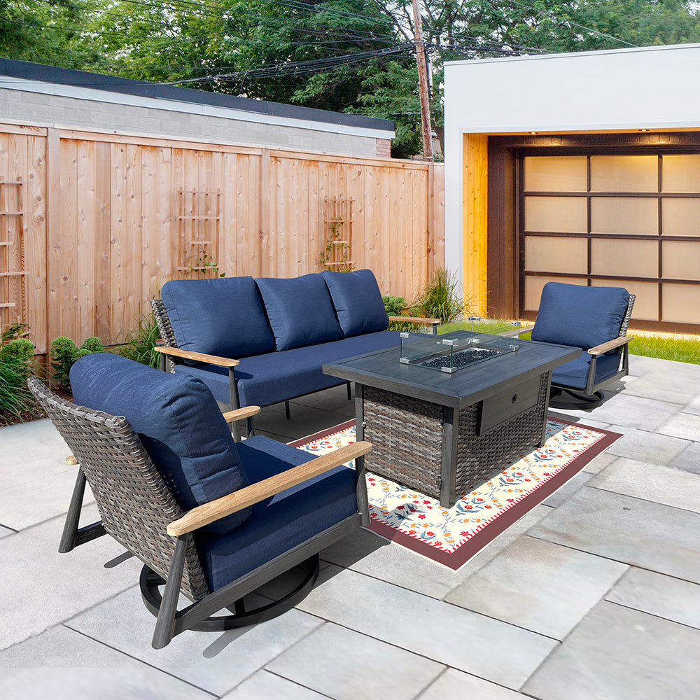 Manbo 4-Piece Wicker Patio Fire Pit Seating Set with Acrylic Cast Ash Cushions and Rectangular Fire Pit Table Manbo 4-Piece Wicker Patio Fire Pit Seating Set with Acrylic Cast Ash Cushions and Rectangular Fire Pit Table