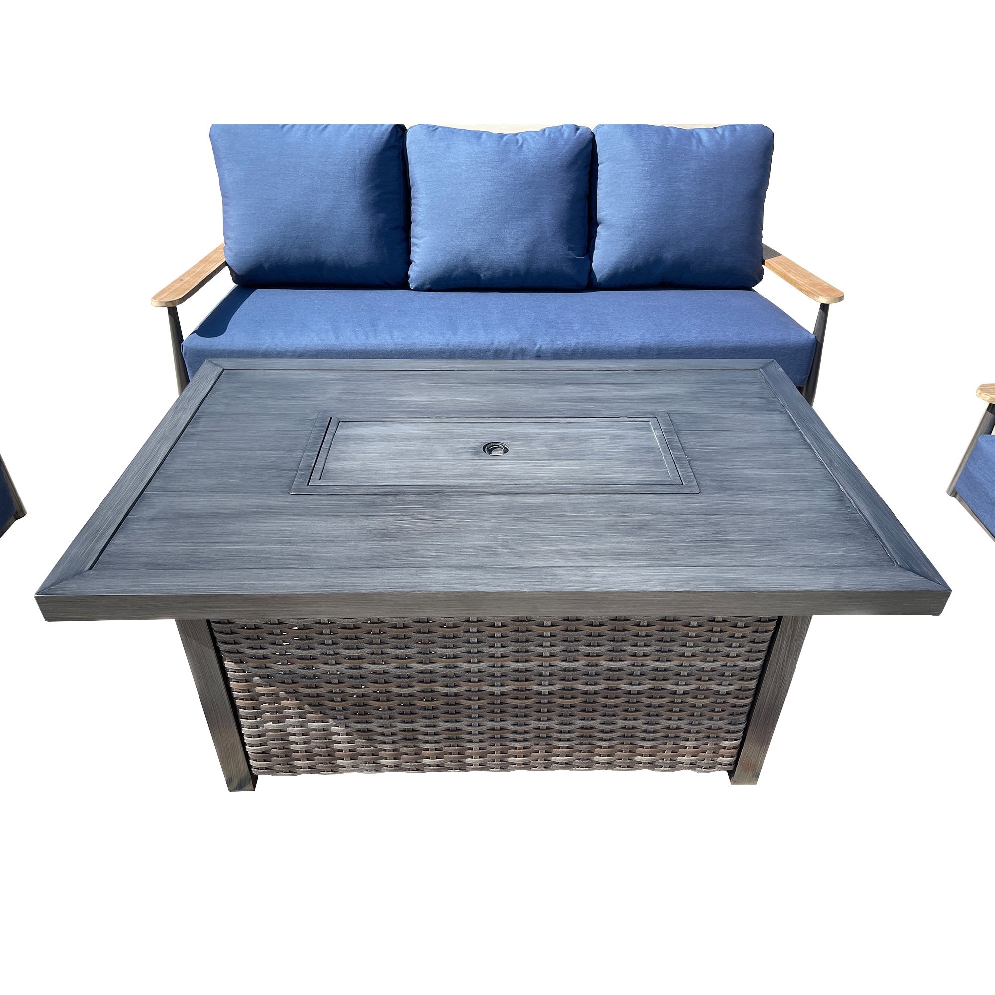 Manbo 4-Piece Wicker Patio Fire Pit Seating Set with Acrylic Spectrum Indigo Cushions and Rectangular Fire Pit Table Manbo 4-Piece Wicker Patio Fire Pit Seating Set with Acrylic Spectrum Indigo Cushions and Rectangular Fire Pit Table