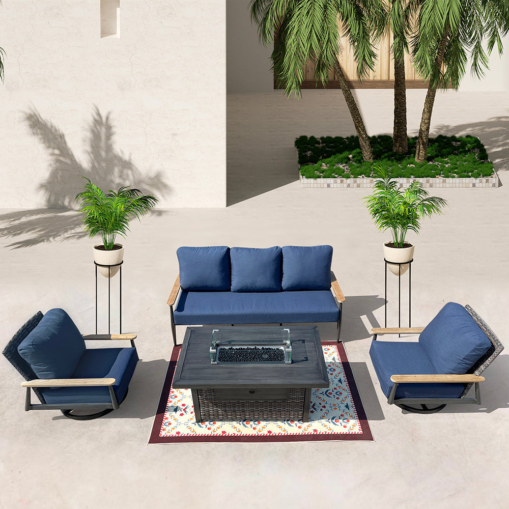 Manbo 4-Piece Wicker Patio Fire Pit Seating Set with Acrylic Cast Breeze Cushions and Rectangular Fire Pit Table Manbo 4-Piece Wicker Patio Fire Pit Seating Set with Acrylic Cast Breeze Cushions and Rectangular Fire Pit Table