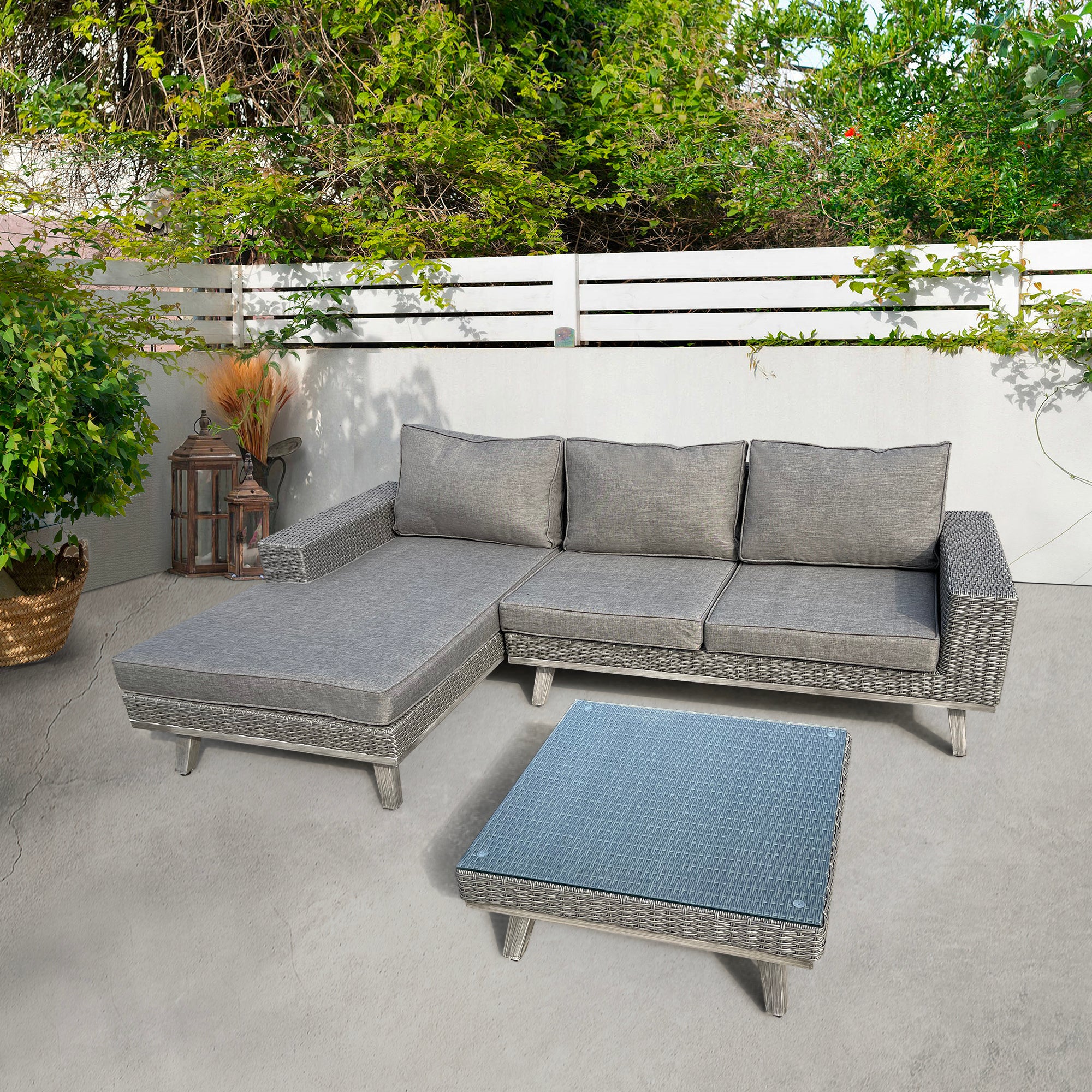 3-Piece Wicker Outdoor Patio Sectional Set with Charcoal Gray Cushions 3-Piece Wicker Outdoor Patio Sectional Set with Charcoal Gray Cushions