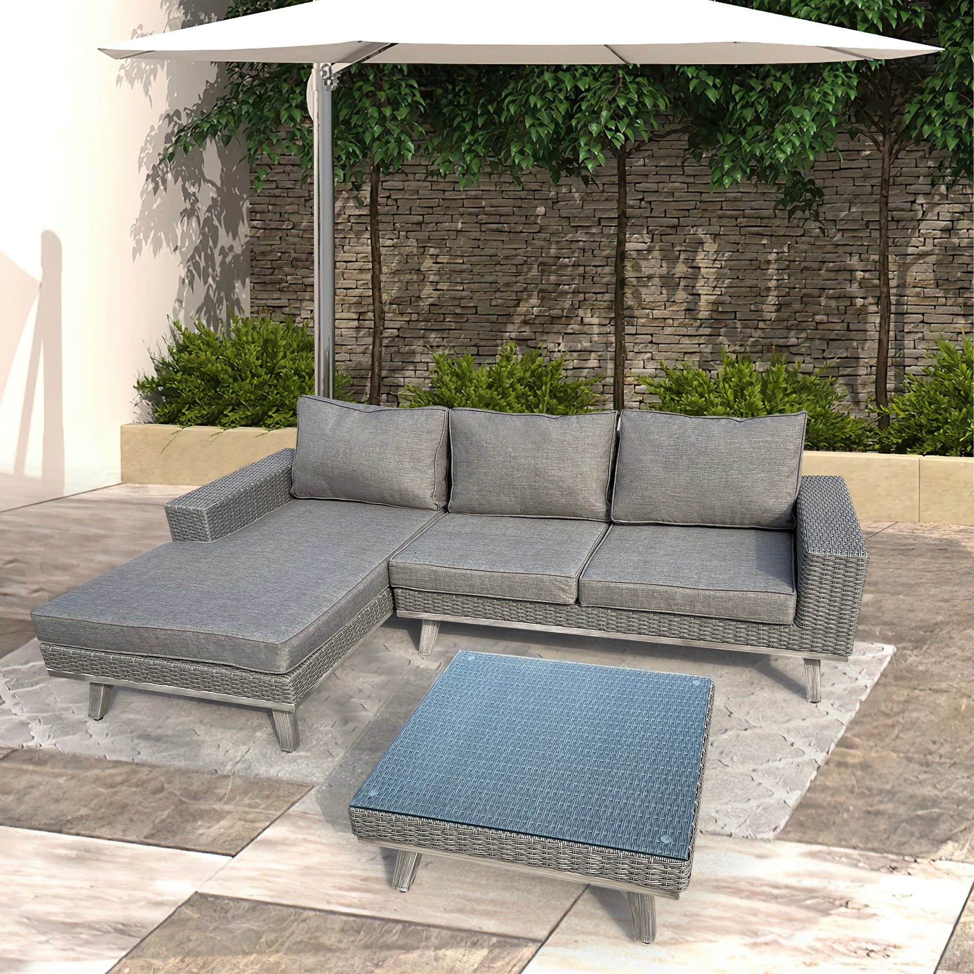 3-Piece Wicker Outdoor Patio Sectional Set with Charcoal Gray Cushions 3-Piece Wicker Outdoor Patio Sectional Set with Charcoal Gray Cushions