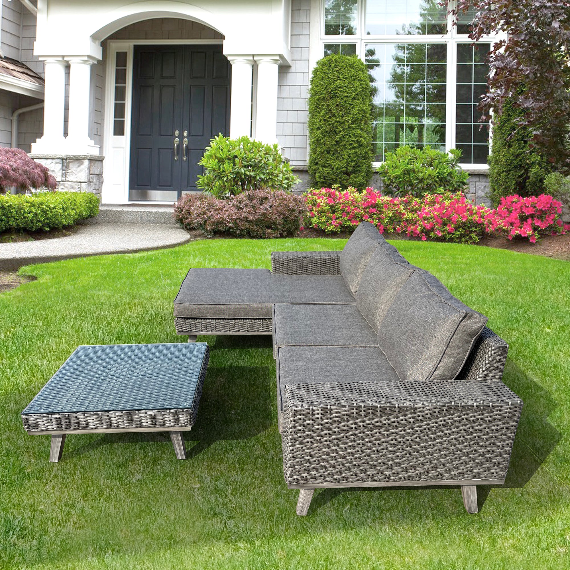 3-Piece Wicker Outdoor Patio Sectional Set with Charcoal Gray Cushions 3-Piece Wicker Outdoor Patio Sectional Set with Charcoal Gray Cushions