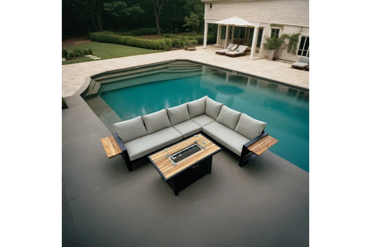 Denver 5-Piece Black Aluminum Outdoor Patio Fire Pit Deep Sectional Seating Set with Cushions