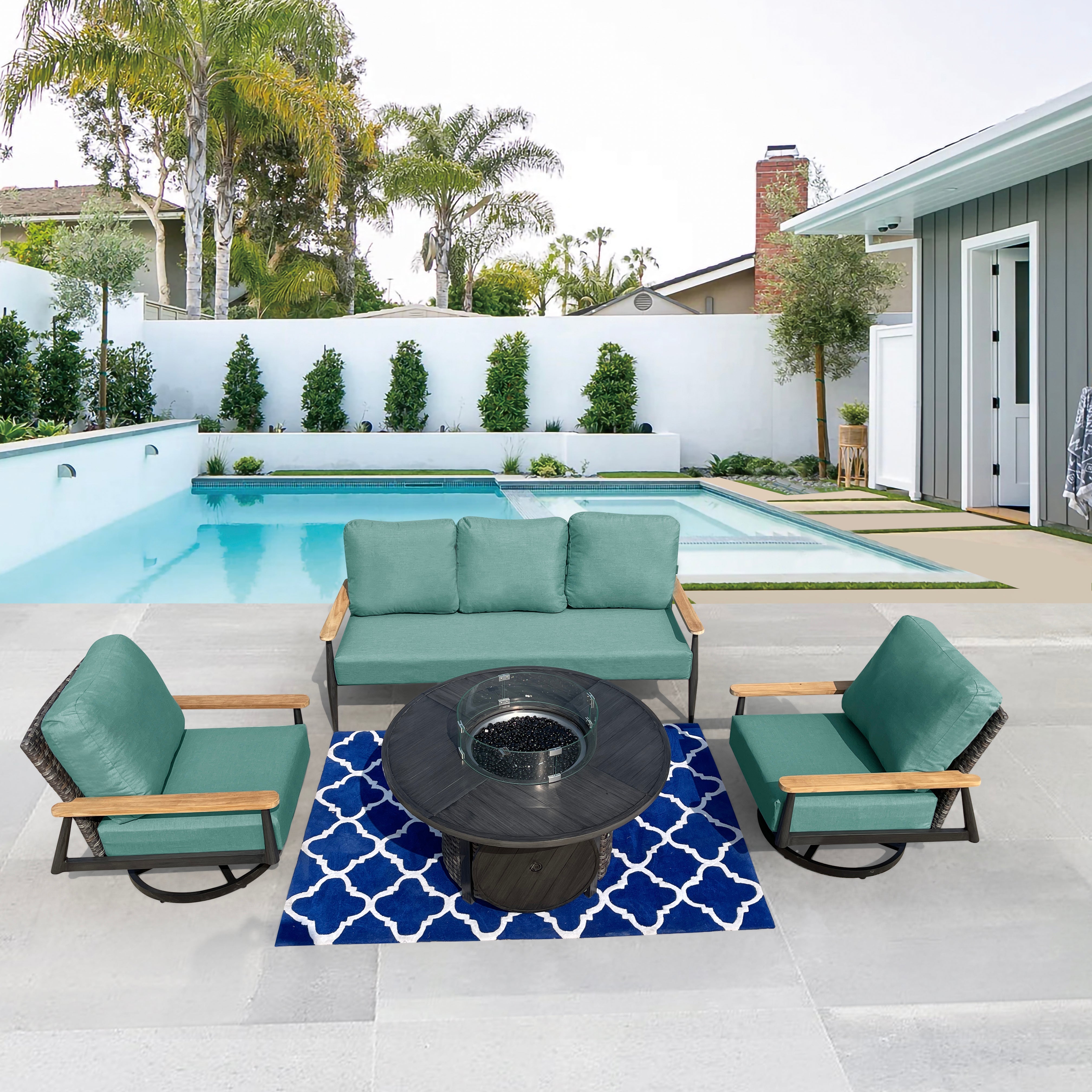 Manbo 4-Piece Wicker Patio Fire Pit Seating Set with Acrylic Cast Breeze Cushions and Round Fire Pit Table Manbo 4-Piece Wicker Patio Fire Pit Seating Set with Acrylic Cast Breeze Cushions and Round Fire Pit Table