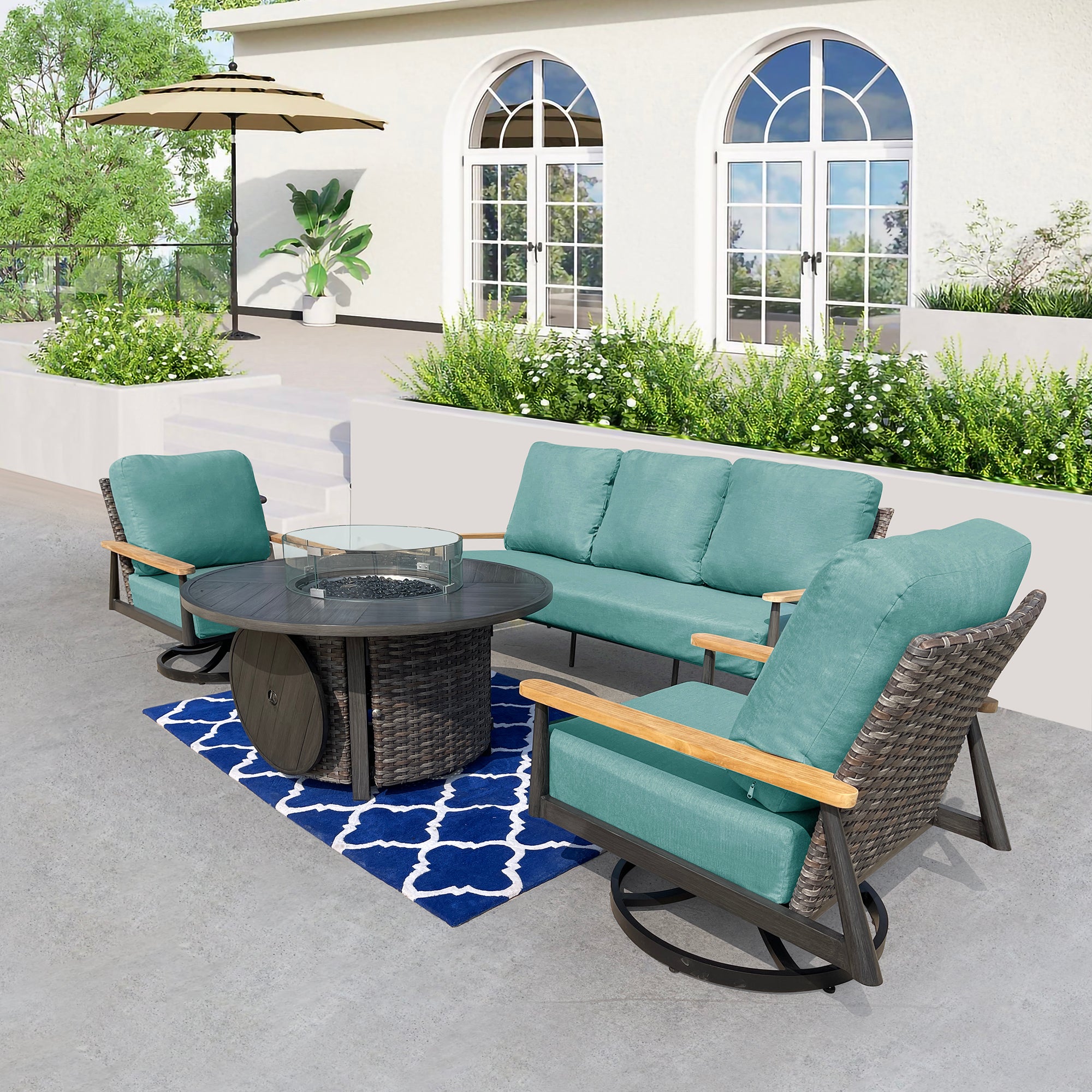 Manbo 4-Piece Wicker Patio Fire Pit Seating Set with Acrylic Cast Breeze Cushions and Round Fire Pit Table Manbo 4-Piece Wicker Patio Fire Pit Seating Set with Acrylic Cast Breeze Cushions and Round Fire Pit Table