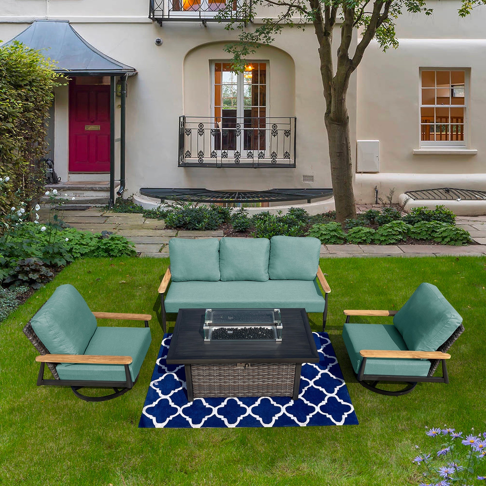 Manbo 4-Piece Wicker Patio Fire Pit Seating Set with Acrylic Cast Ash Cushions and Rectangular Fire Pit Table Manbo 4-Piece Wicker Patio Fire Pit Seating Set with Acrylic Cast Ash Cushions and Rectangular Fire Pit Table