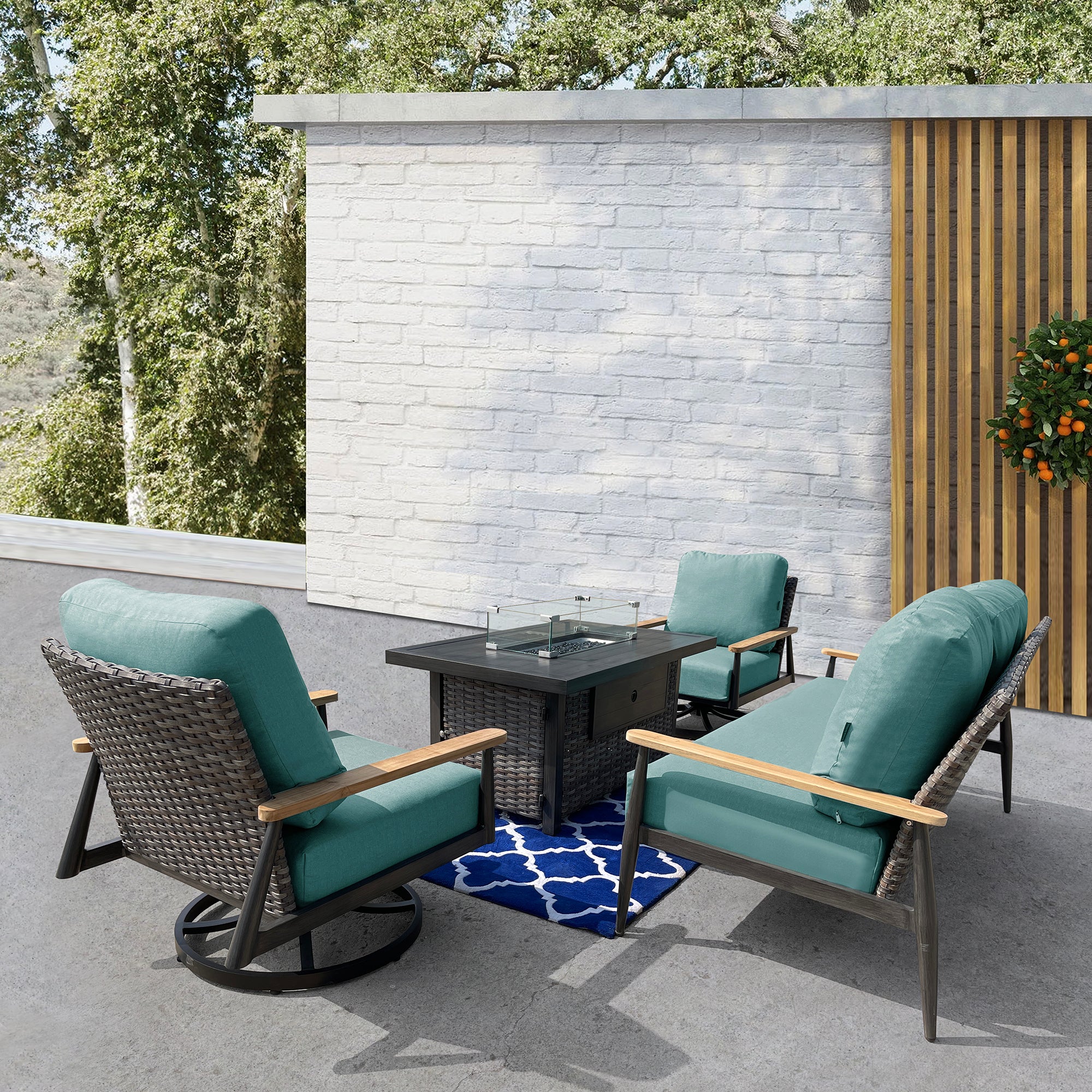 Manbo 4-Piece Wicker Patio Fire Pit Seating Set with Acrylic Cast Breeze Cushions and Rectangular Fire Pit Table Manbo 4-Piece Wicker Patio Fire Pit Seating Set with Acrylic Cast Breeze Cushions and Rectangular Fire Pit Table