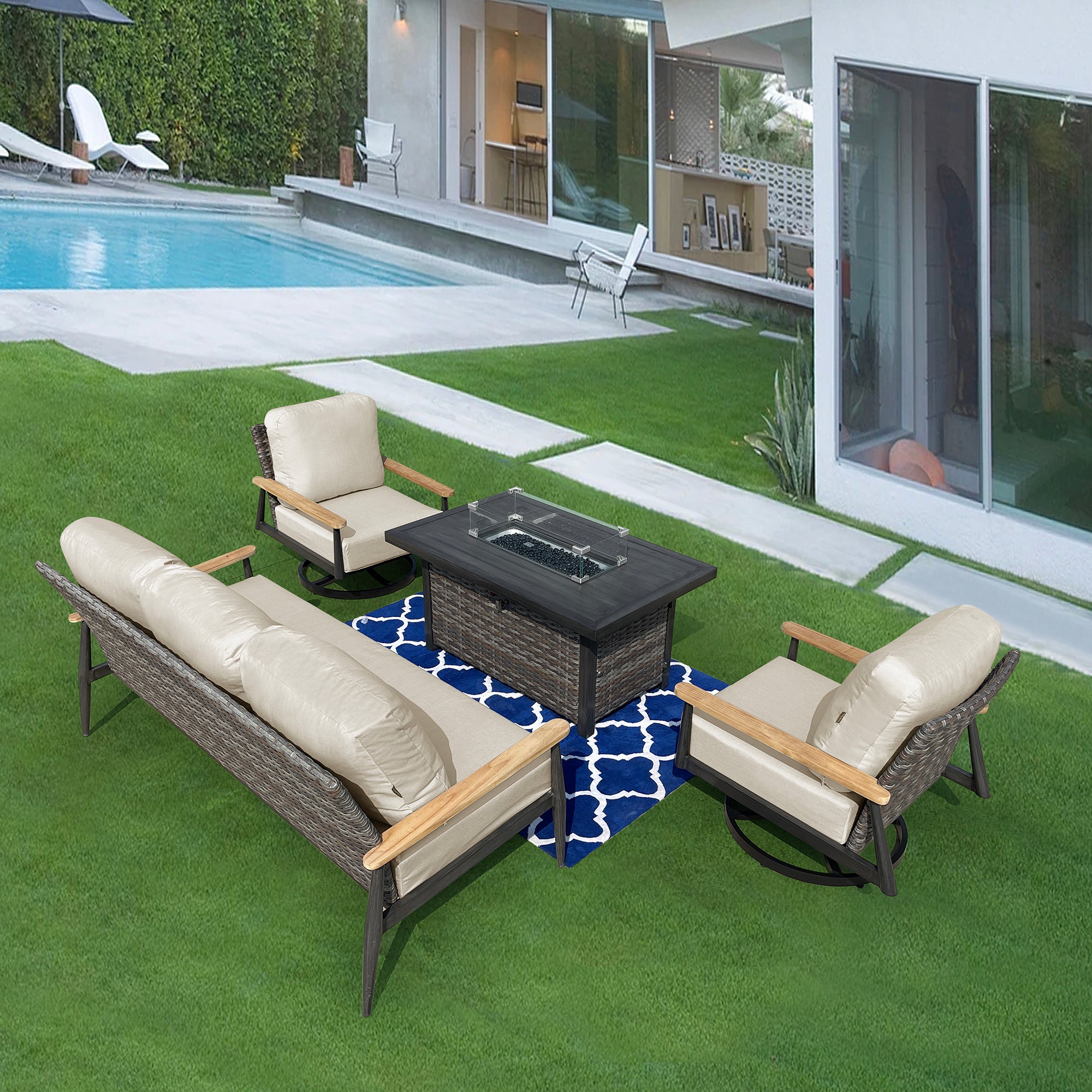 Manbo 4-Piece Wicker Patio Fire Pit Seating Set with Acrylic Cast Ash Cushions and Rectangular Fire Pit Table Manbo 4-Piece Wicker Patio Fire Pit Seating Set with Acrylic Cast Ash Cushions and Rectangular Fire Pit Table