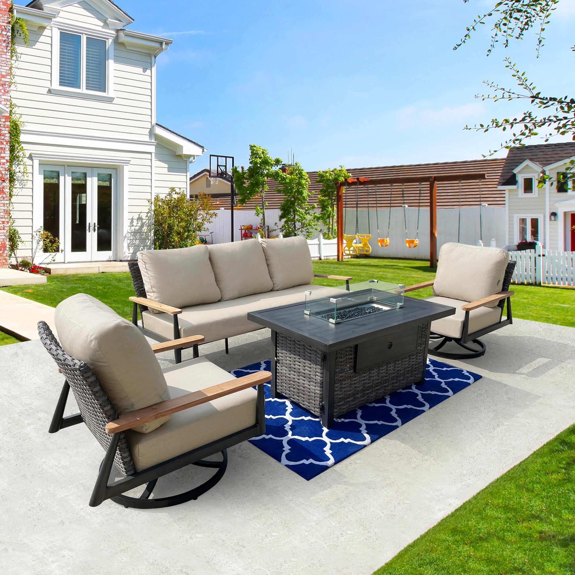 Manbo 4-Piece Wicker Patio Fire Pit Seating Set with Acrylic Cast Ash Cushions and Rectangular Fire Pit Table Manbo 4-Piece Wicker Patio Fire Pit Seating Set with Acrylic Cast Ash Cushions and Rectangular Fire Pit Table