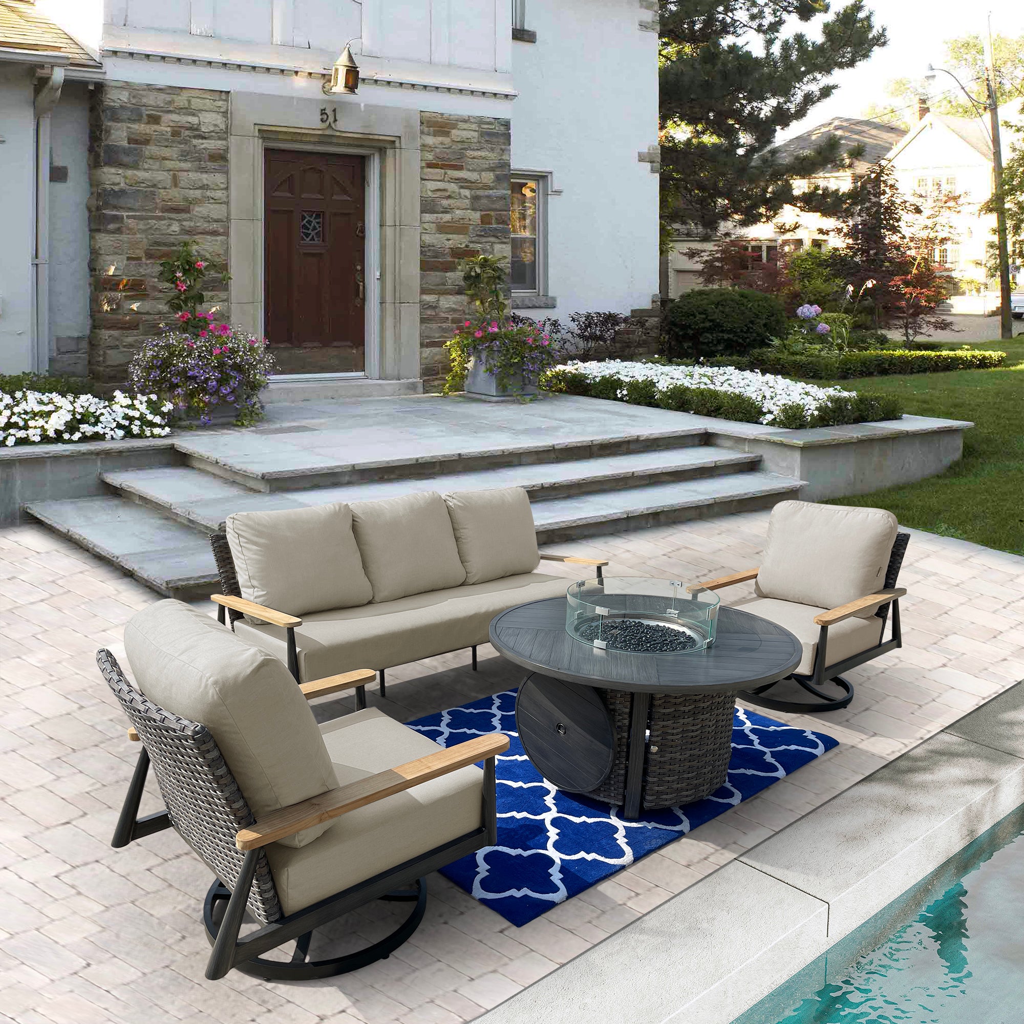 Manbo 4-Piece Wicker Patio Fire Pit Seating Set with Acrylic Spectrum Indigo Cushions and Round Fire Pit Table Manbo 4-Piece Wicker Patio Fire Pit Seating Set with Acrylic Spectrum Indigo Cushions and Round Fire Pit Table