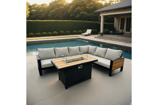 Denver 5-Piece Black Aluminum Outdoor Patio Fire Pit Deep Sectional Seating Set with Cushions
