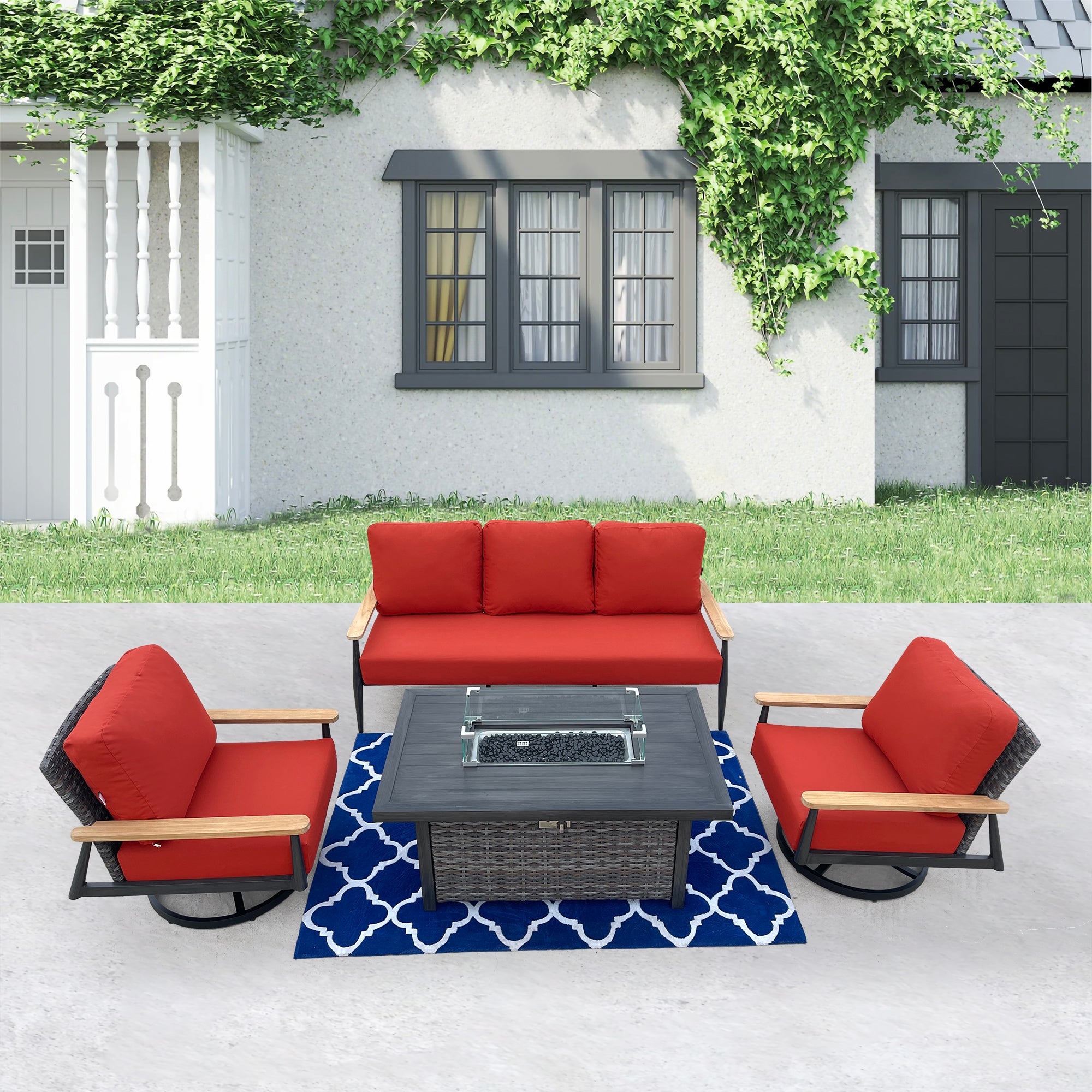 Manbo 4-Piece Wicker Patio Fire Pit Seating Set with Sunbrella Canvas Terroacotta Cushions and Rectangular Fire Pit Table Manbo 4-Piece Wicker Patio Fire Pit Seating Set with Sunbrella Canvas Terroacotta Cushions and Rectangular Fire Pit Table