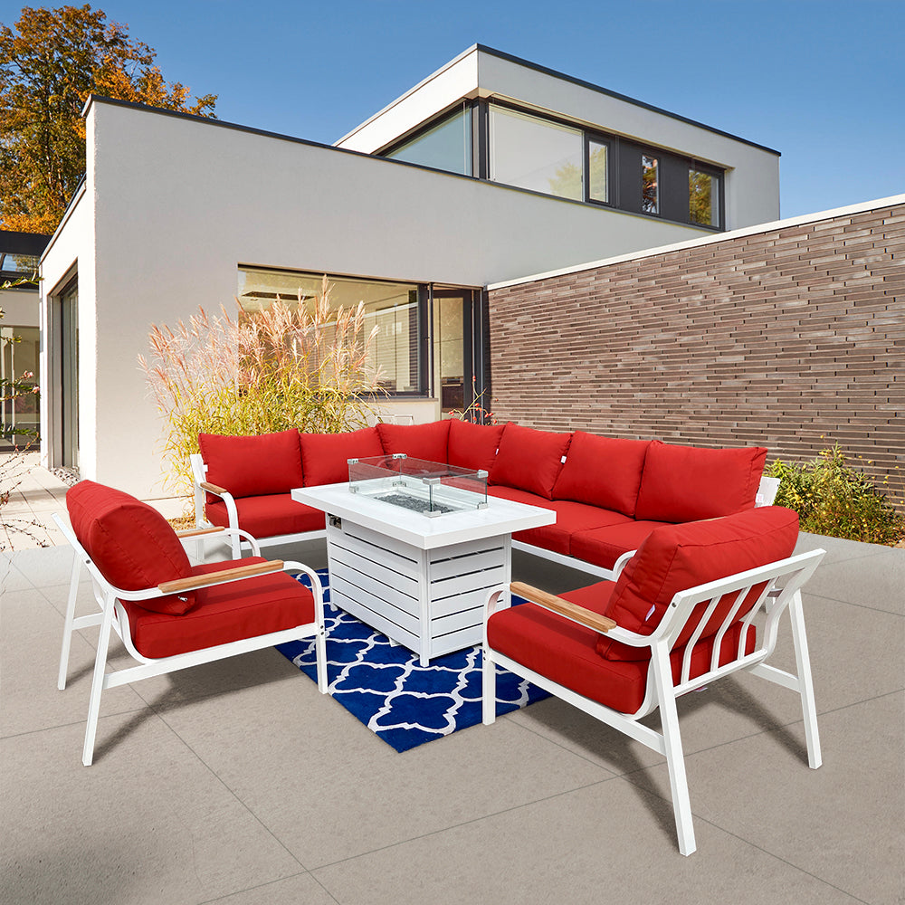 Camel 7-Piece Aluminium Outdoor Patio Fire Pit Seating Set With Acrylic Cushions Camel 7-Piece Aluminium Outdoor Patio Fire Pit Seating Set With Acrylic Cushions