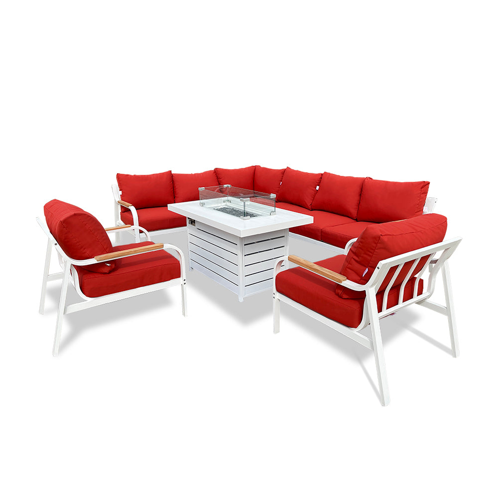 Camel 7-Piece Aluminium Outdoor Patio Fire Pit Seating Set With Acrylic Cushions Camel 7-Piece Aluminium Outdoor Patio Fire Pit Seating Set With Acrylic Cushions