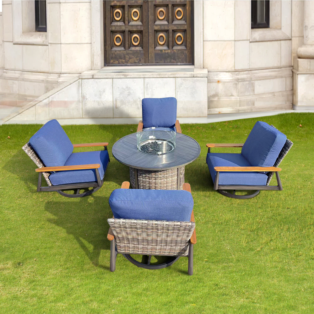 Manbo 5-Piece Wicker Outdoor Patio Fire Pit Seating Set With Acrylic Cushions Manbo 5-Piece Wicker Outdoor Patio Fire Pit Seating Set With Acrylic Cushions