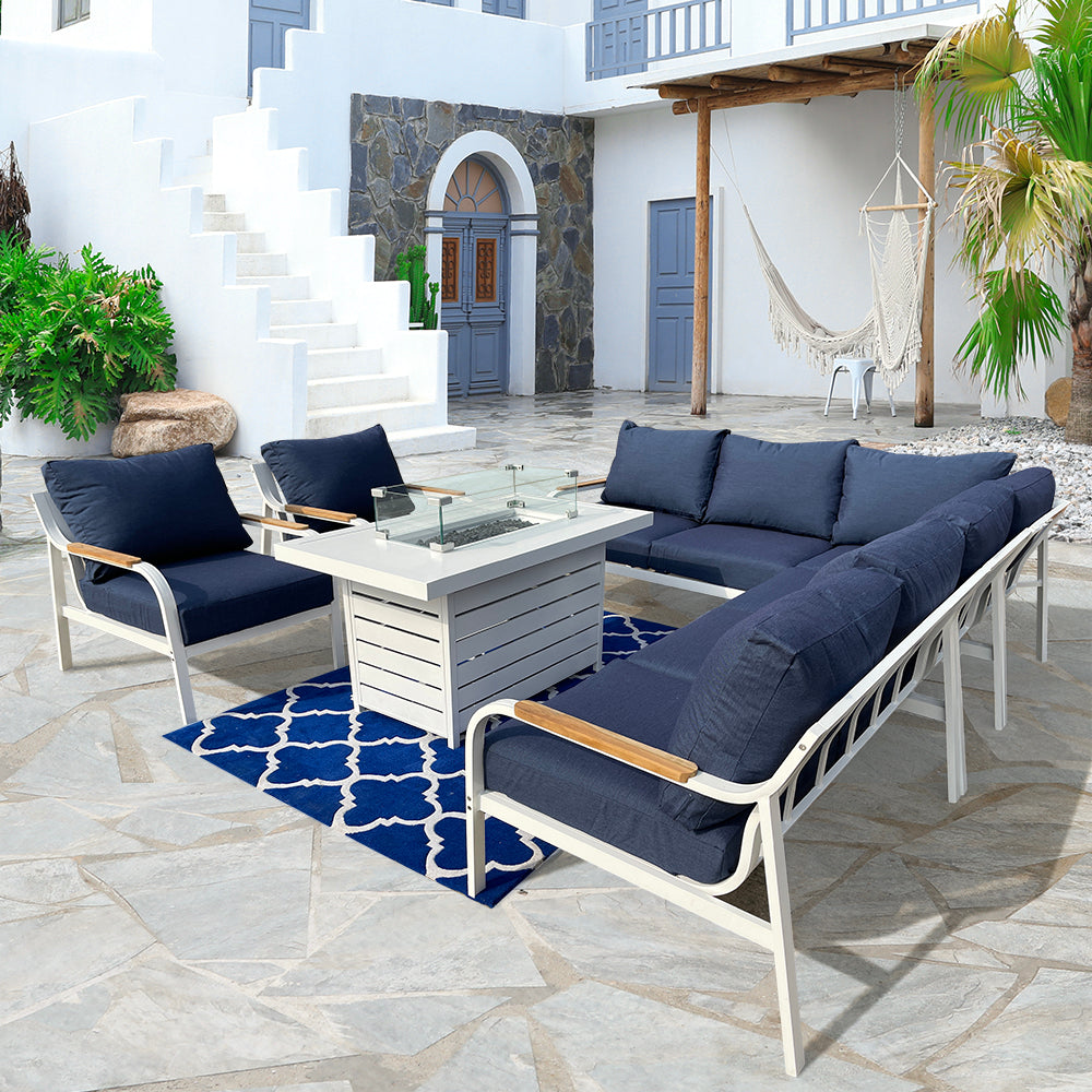 Camel 7-Piece Aluminium Outdoor Patio Fire Pit Seating Set With Acrylic Cushions Camel 7-Piece Aluminium Outdoor Patio Fire Pit Seating Set With Acrylic Cushions