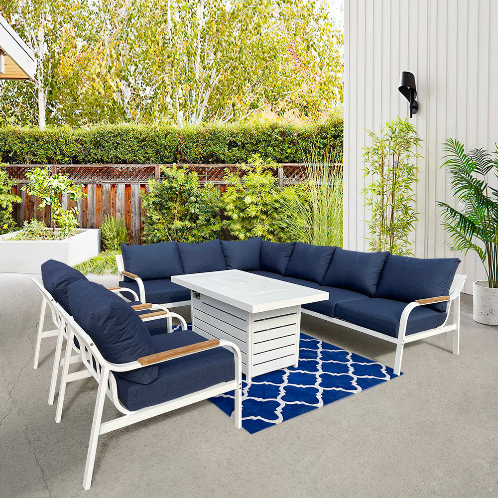 Camel 7-Piece Aluminium Outdoor Patio Fire Pit Seating Set With Acrylic Cushions Camel 7-Piece Aluminium Outdoor Patio Fire Pit Seating Set With Acrylic Cushions