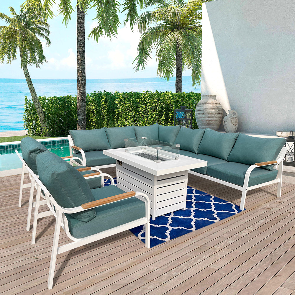 Camel 7-Piece Aluminium Outdoor Patio Fire Pit Seating Set With Acrylic Cushions Camel 7-Piece Aluminium Outdoor Patio Fire Pit Seating Set With Acrylic Cushions