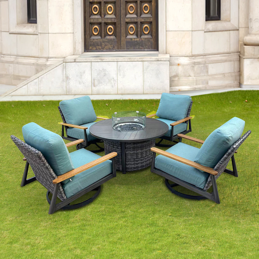 Manbo 5-Piece Wicker Outdoor Patio Fire Pit Seating Set With Acrylic Cushions Manbo 5-Piece Wicker Outdoor Patio Fire Pit Seating Set With Acrylic Cushions