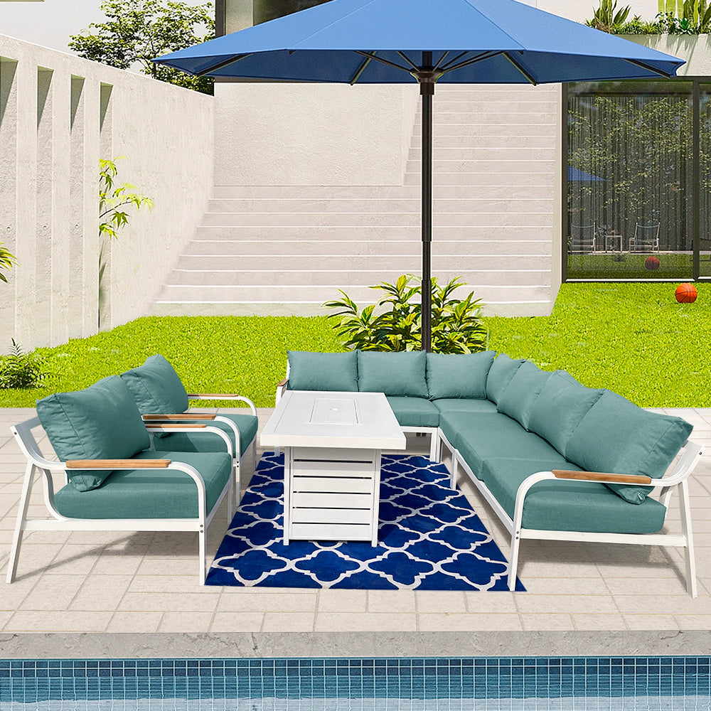 Camel 7-Piece Aluminium Outdoor Patio Fire Pit Seating Set With Acrylic Cushions Camel 7-Piece Aluminium Outdoor Patio Fire Pit Seating Set With Acrylic Cushions