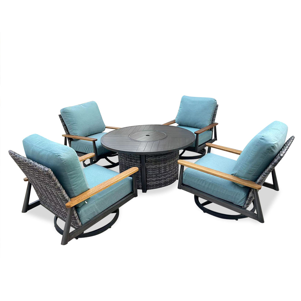 Manbo 5-Piece Wicker Outdoor Patio Fire Pit Seating Set With Acrylic Cushions Manbo 5-Piece Wicker Outdoor Patio Fire Pit Seating Set With Acrylic Cushions