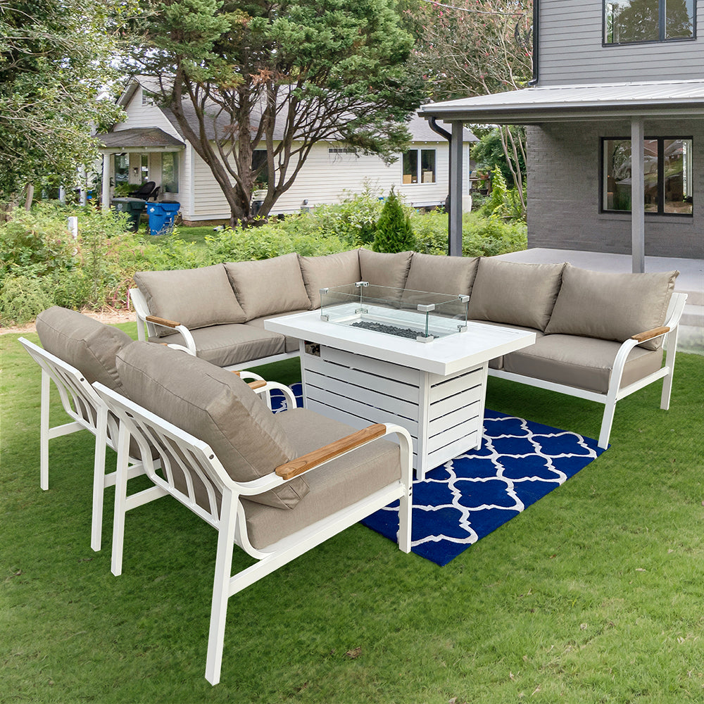 Camel 7-Piece Aluminium Outdoor Patio Fire Pit Seating Set With Acrylic Cushions Camel 7-Piece Aluminium Outdoor Patio Fire Pit Seating Set With Acrylic Cushions