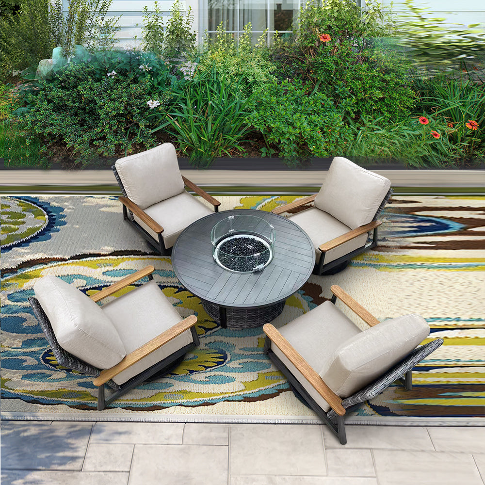 Manbo 5-Piece Wicker Outdoor Patio Fire Pit Seating Set With Acrylic Cushions Manbo 5-Piece Wicker Outdoor Patio Fire Pit Seating Set With Acrylic Cushions