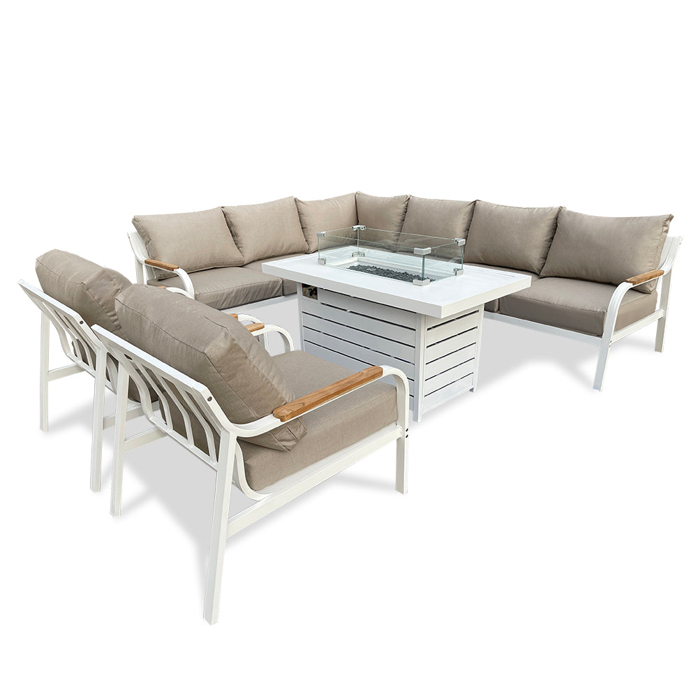 Camel 7-Piece Aluminium Outdoor Patio Fire Pit Seating Set With Acrylic Cushions Camel 7-Piece Aluminium Outdoor Patio Fire Pit Seating Set With Acrylic Cushions