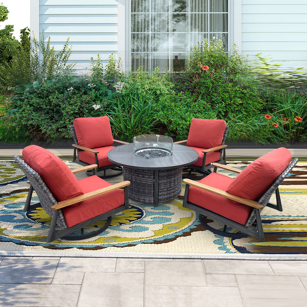Manbo 5-Piece Wicker Outdoor Patio Fire Pit Seating Set With Acrylic Cushions Manbo 5-Piece Wicker Outdoor Patio Fire Pit Seating Set With Acrylic Cushions