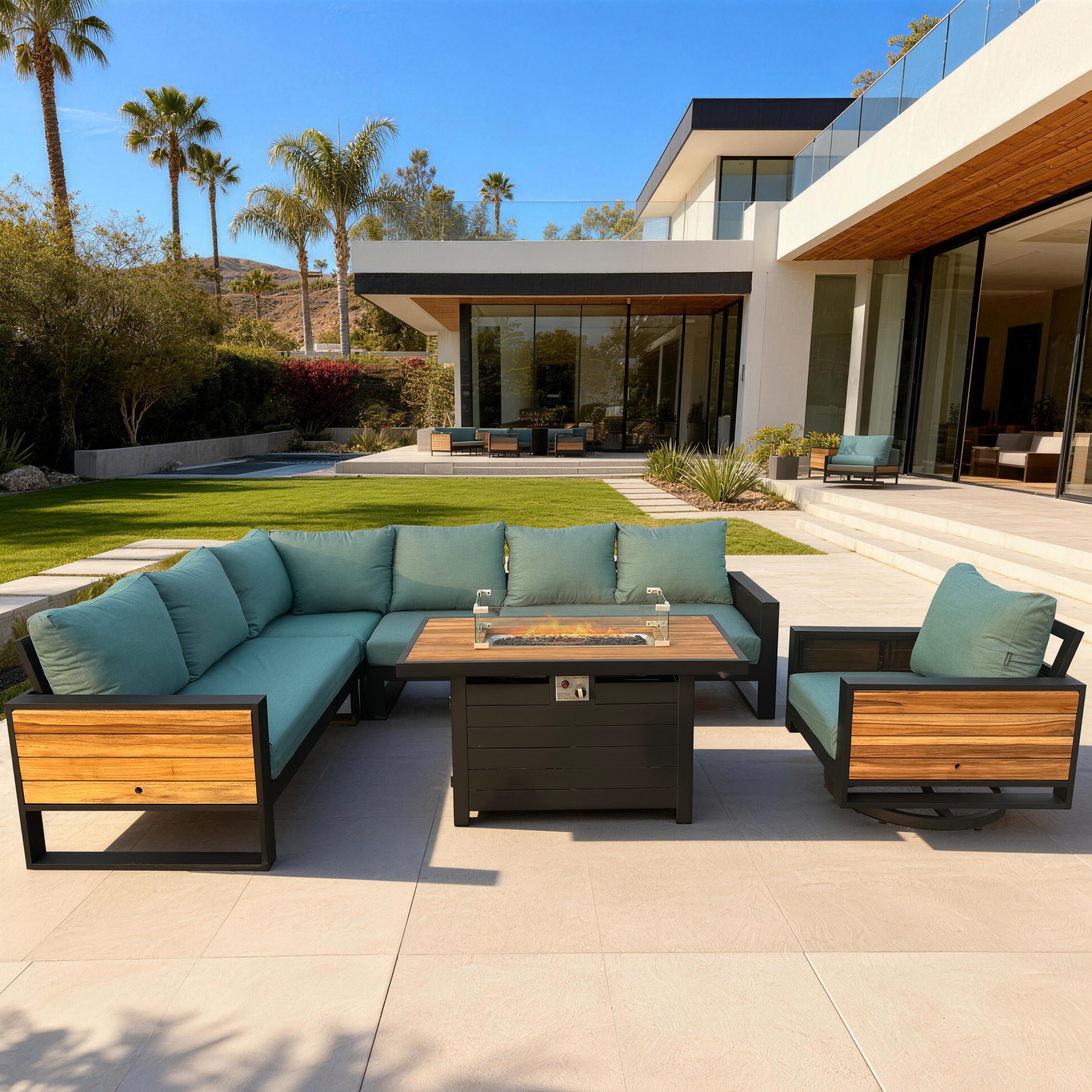 Denver 6-Piece Black Aluminum Outdoor Patio Fire Pit Deep Sectional Seating Set with Cushions