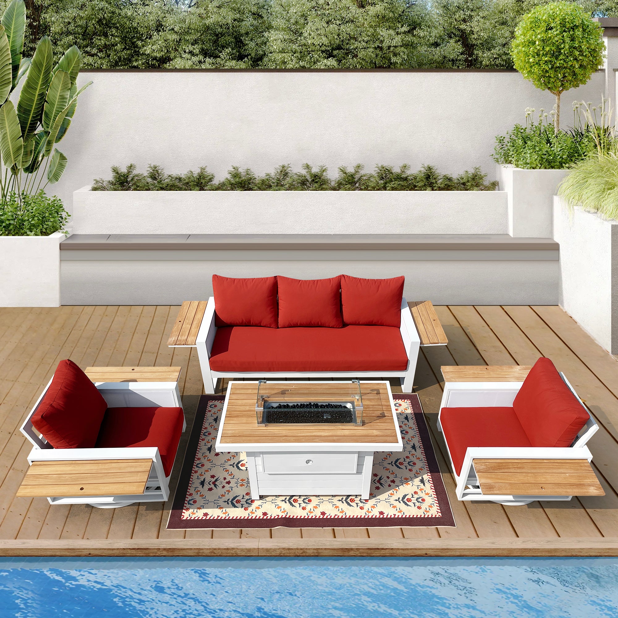 Denver 4-Piece Aluminum Outdoor Patio Fire Pit Seating Set with Sunbrella Canvas Terracotta Cushions