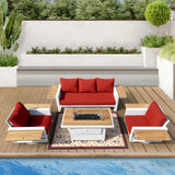 Denver 4-Piece Aluminum Outdoor Patio Fire Pit Seating Set with Sunbrella Canvas Terracotta Cushions