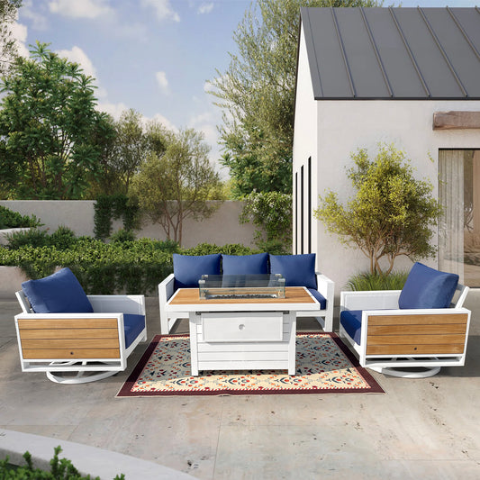 Denver 4-Piece Aluminum Outdoor Patio Fire Pit Seating Set with Acrylic Spectrum Indigo Cushions