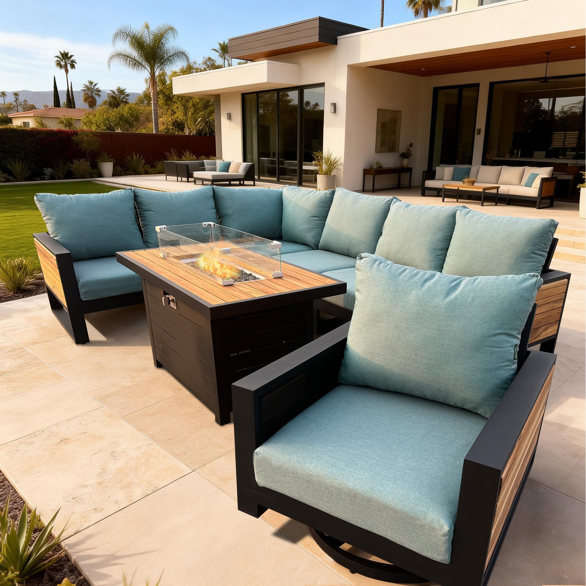 Denver 6-Piece Black Aluminum Outdoor Patio Fire Pit Deep Sectional Seating Set with Cushions