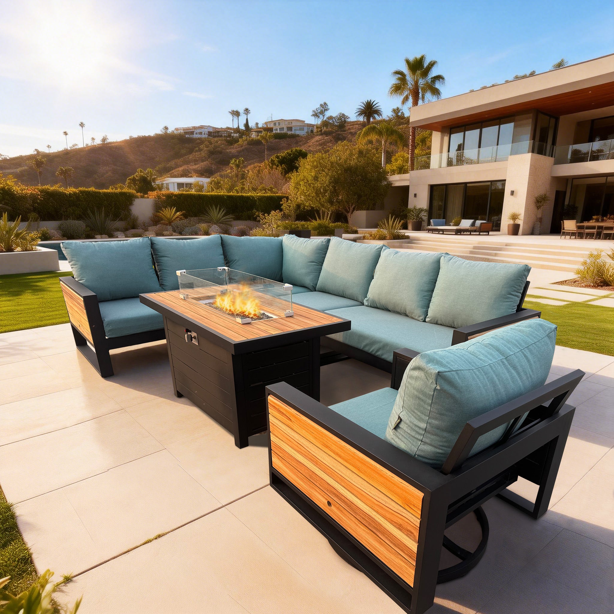 Denver 6-Piece Black Aluminum Outdoor Patio Fire Pit Deep Sectional Seating Set with Cushions