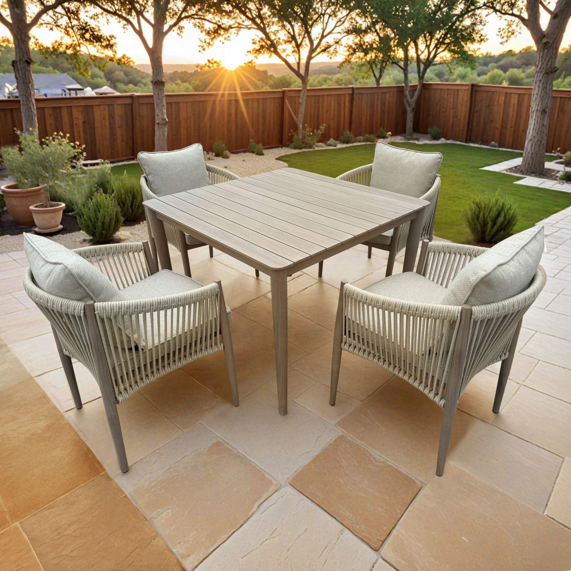 Bali 5-Piece Brown Wood-look Aluminum Outdoor Dining Table Set with a Square Dining Table and Cast Natural Cushions