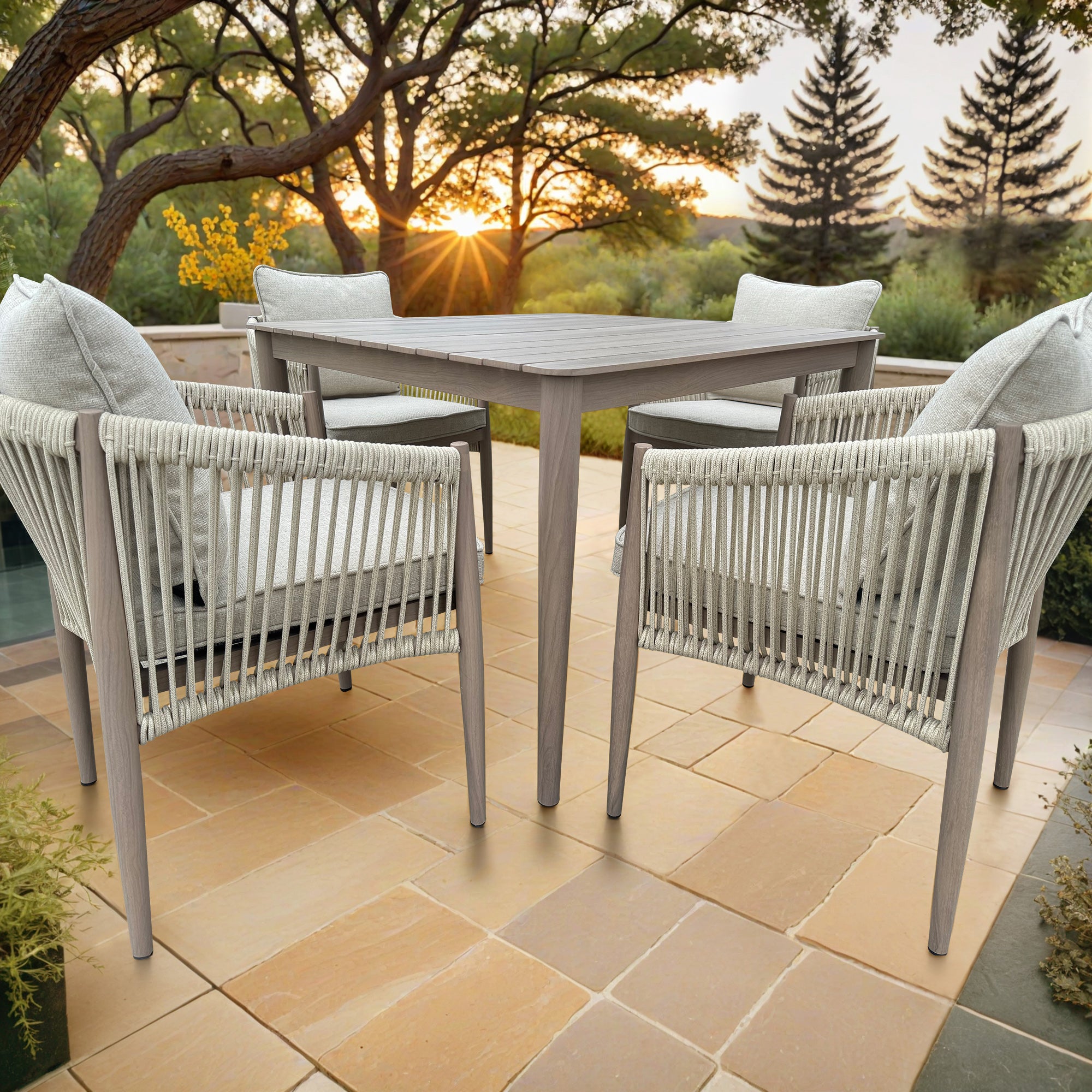 Bali 5-Piece Brown Wood-look Aluminum Outdoor Dining Table Set with a Square Dining Table and Cast Natural Cushions